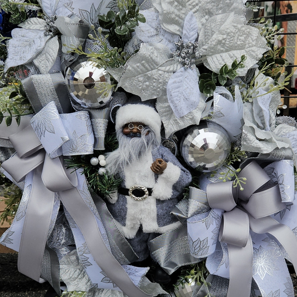 Elegant Silver and White Holiday Wreath with Santa